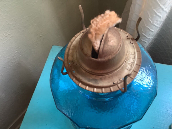 Vintage antique blue Eagle Kerosene Eagle Burner Oil Lamp Lantern Glass chimney