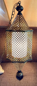 VTG mid century MOROCCAN FILIGREE BRASS gold  hanging swag LAMP metal