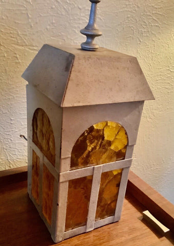 Vtg Gothic Tudor Arts & Crafts Porch Lantern Light Fixture amber glass sconce
