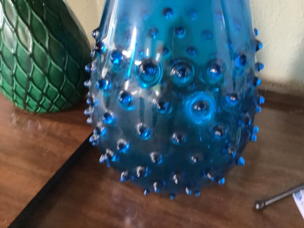 Vintage Mid Century Modern Empoli Blue Glass Seed Pod Spike Hobnail Vase  Italy