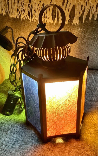Vtg metal Brass Retro Light Fixture lamp swag stained glass lantern patio mcm