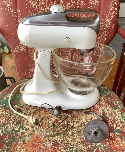 Vintage Mid Century WHITE Kitchen Aid Mixer Model 4-C & Stainless Steel Bowl USA