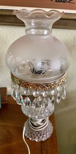 Vintage  etched Clear Glass crystal Prism Boudoir Table Lamp  Hurricane shade