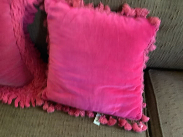 Vintage Mid-century modern mcm  pink Velvet Tufted square Throw Pillow fringe