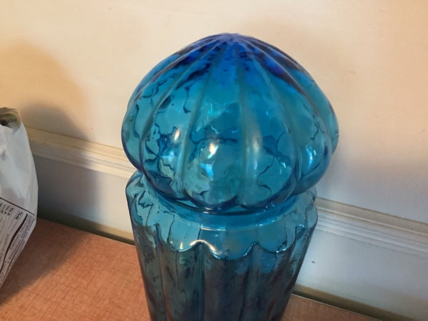 VINTAGE mid century modern Blue GLASS MUSHROOM JAR TERRARIUM APOTHECARY  LID