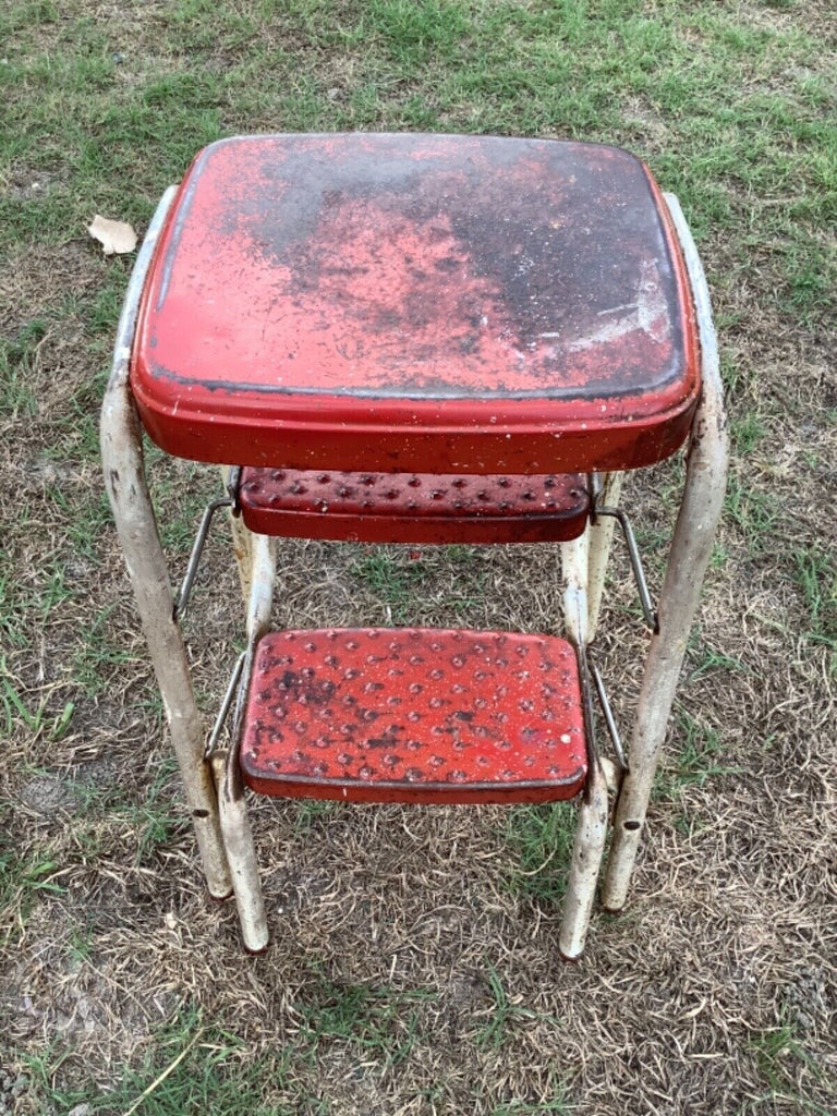 Vintage Cosco Red & White Kitchen Step Stool Ladder Seat w/ fold out Steps