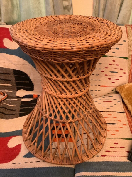 Vintage Round Woven Rattan Bamboo Cane Plant Stand TIKI Cocktail Side End Table