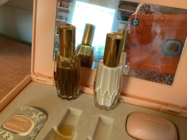 vintage charming rare Chantilly mirror makeup case perfume powder soap lotion