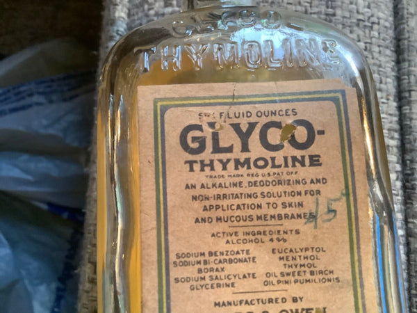 VINTAGE GLYCO THYMOLINE glass Bottle with cap lab medical medicine antique