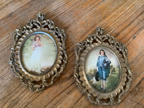 Vtg Pinkie And Blue Boy Pictures In Oval Gold Frame convex bubble glass