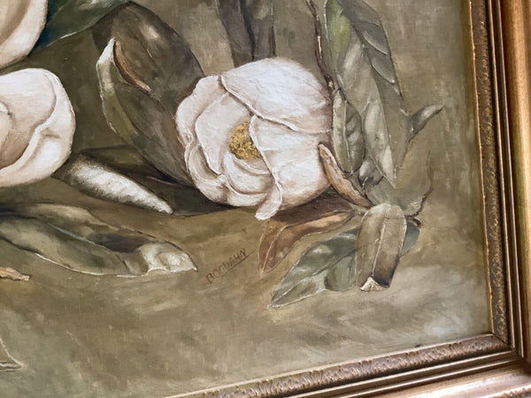 Vintage antique oil painting on canvas  Magnolia flower floral gold frame framed