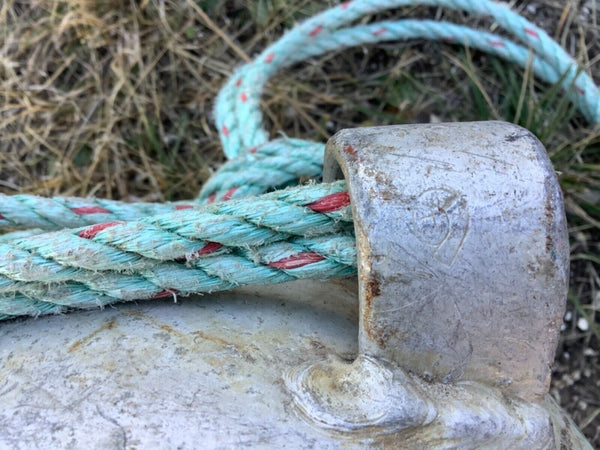 Vtg pair Antique Deep Sea metal zinc float buoy BELL with rope