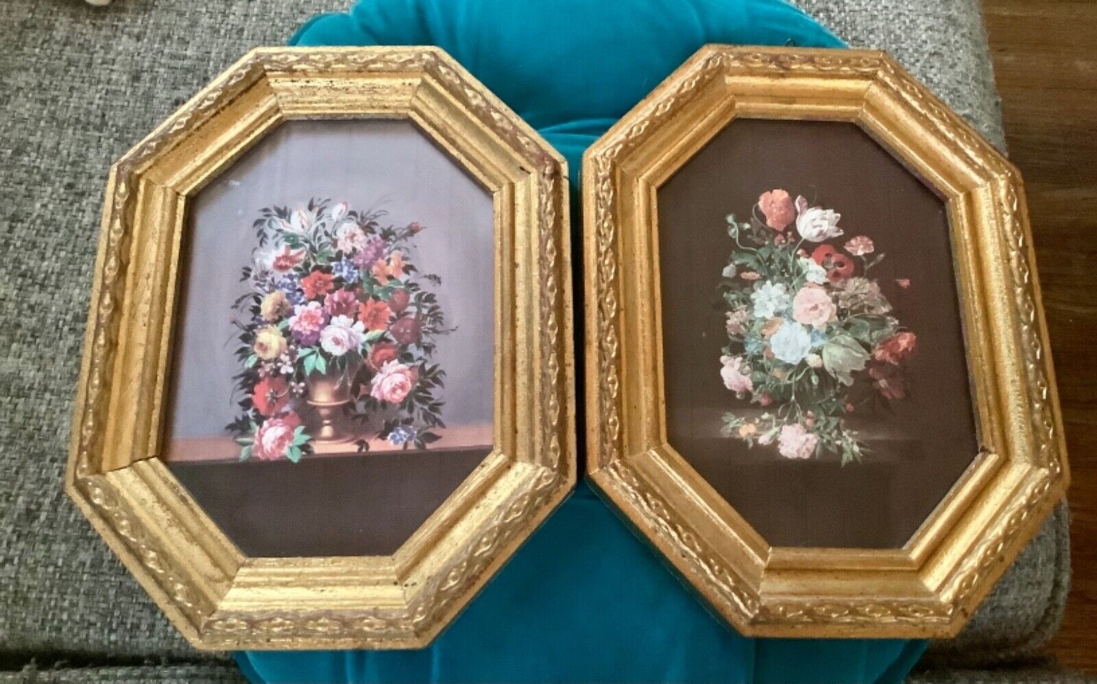 Pair Of Vintage Floral Pictures Octagon Gilded Wood Frames Made In Italy