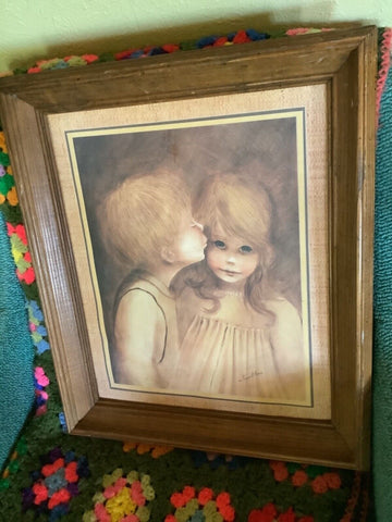 Vtg Margaret Kane Big Eyes A Little Kiss First Love Signed Print frame 17" X 20"