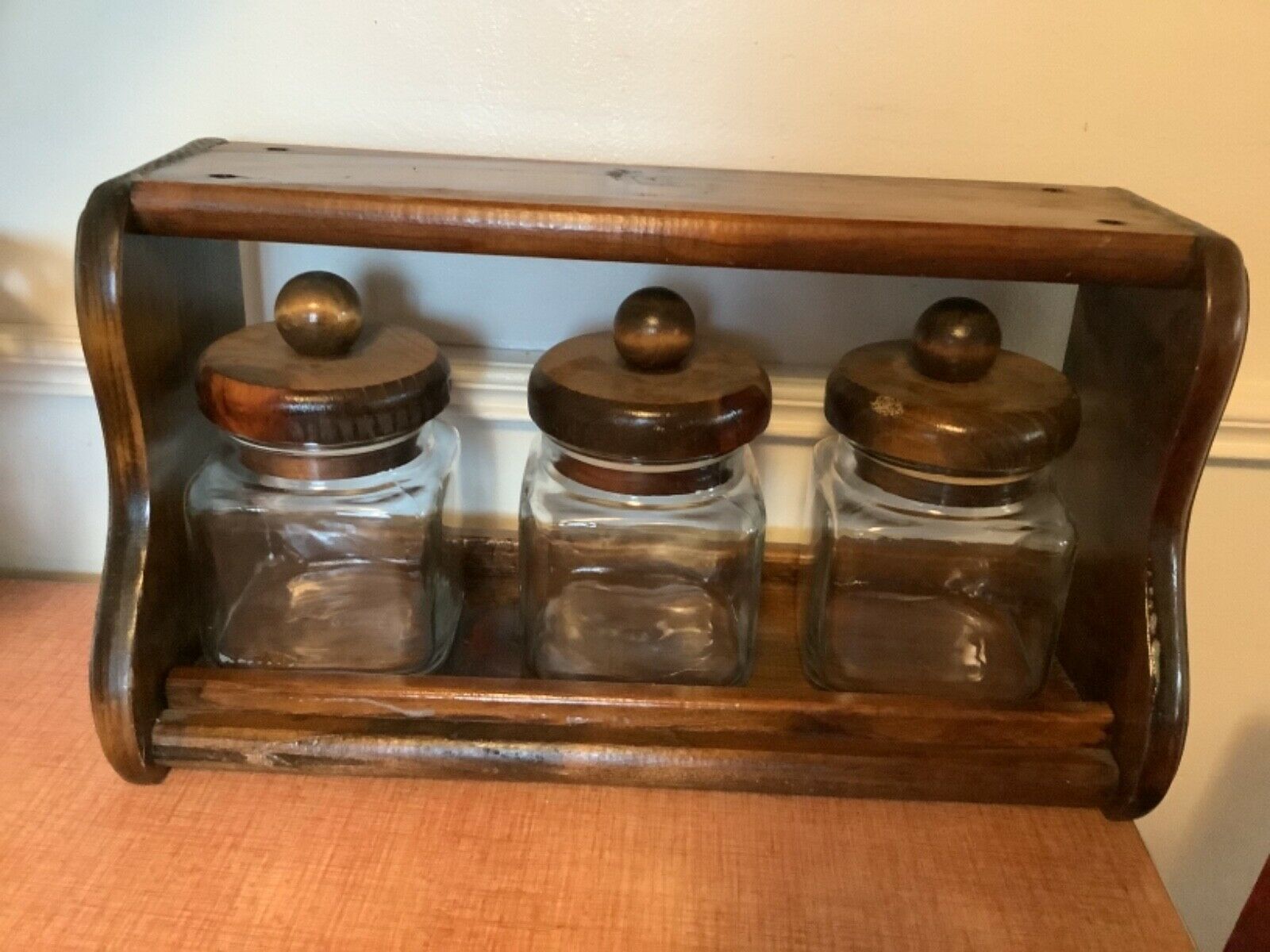 VTG GLASS CANISTER JAR SET WOOD LID SJL Anchor Hocking Flour sugar coffee  tea