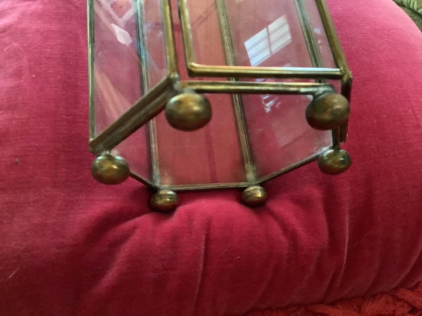 Vintage Brass Glass Hexagon Curio Display Hinged Box door Footed