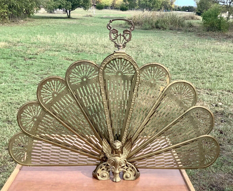 Vintage Brass Fireplace Screen ART DECO Folding Gargoyle Peacock Fan Ornate