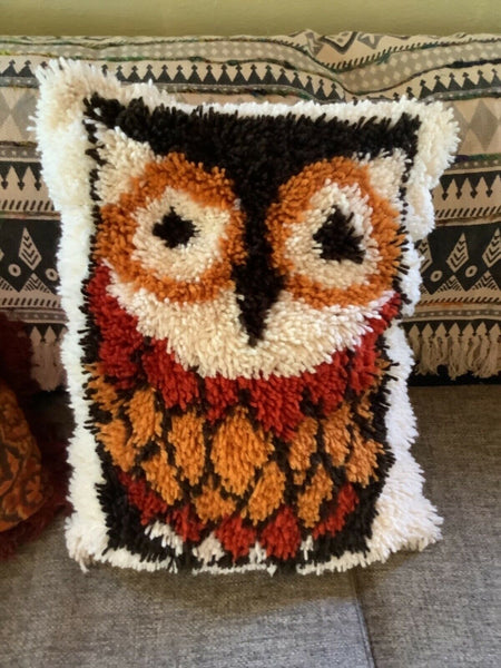 Vintage mid century Owl  Rug Latch Hook Wall Hanging  Pillow