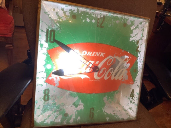 Vintage 1950s Coca Cola  coke Green Red Lighted Clock as is