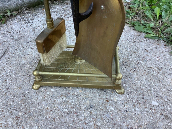 Vintage mid century modern Brass Duck Head Fireplace Tool Set Stand