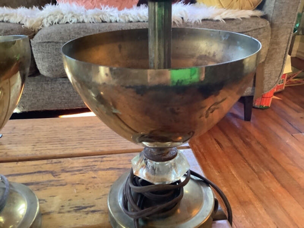 Vintage pair copper brass table desk lamp bowl pedestal crystal