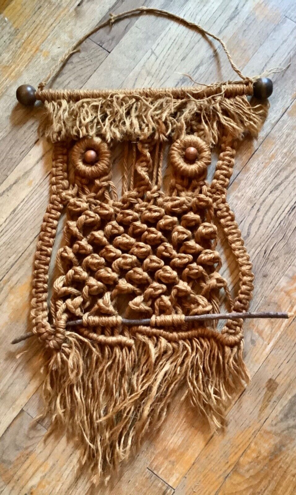 Vintage Boho Macrame Owl Hanging 70's Brown Oven Mitt Yarn 7.5