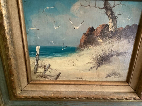 Vintage mid century Oil Panting Ocean sea Shore and Seagulls Wood Frame signed