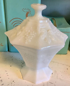 Vtg  White Milk Glass Pedestal Candy Dish canister  Lid Grape and Leaf Design