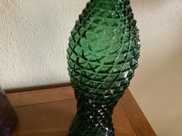 Vintage Empoli Art Glass Genie Bottle Green Hobnail mid century modern mcm