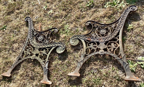 Vintage Pair of HEAVY DUTY Ornate Cast Iron Bench Legs Ends Flowers Salvaged