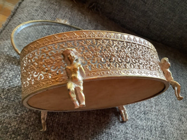 Vtg Gold Vanity Filigree Beveled Glass Cherub Angel Footed Jewelry Casket Box