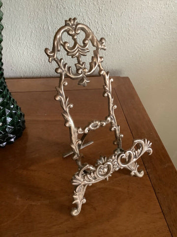 Vtg  ormolu ORNATE SOLID BRASS PICTURE ART PLATE EASEL HOLDER DISPLAY STAND *