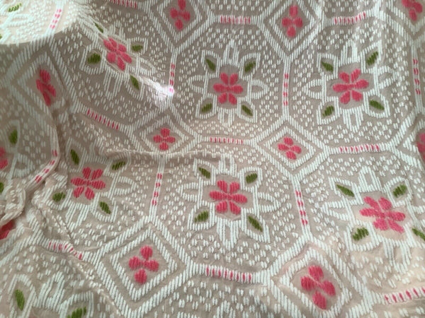 Vintage Pink white Brocade Damask Bedspread  curtains mid century modern