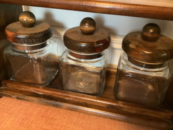 Vintage Canister Set Of 3 Glass Jars  Wood Lids Anchor Hocking USA shelf candy