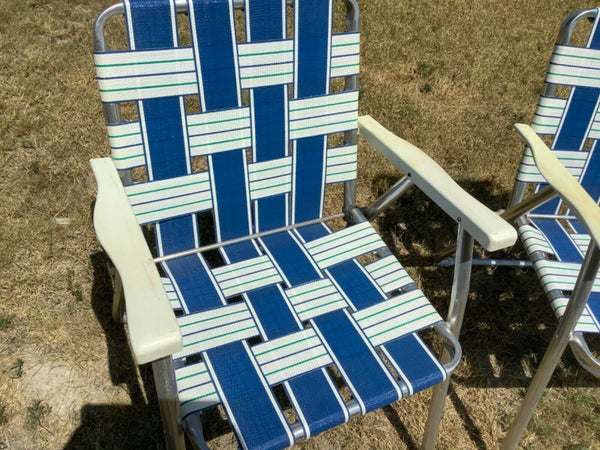 Pair Vintage Aluminum Lawn Chair Webbed Lounge Chairs blue white green