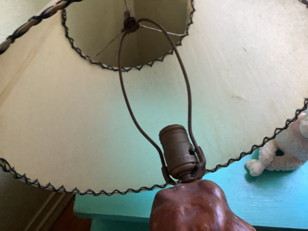 Vintage Mid Century Cypress wood Knee Table Lamp Vintage Farmhouse Shade