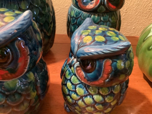 Vintage 4 hoot Owl Canister Set cookie blue green ceramic Jars