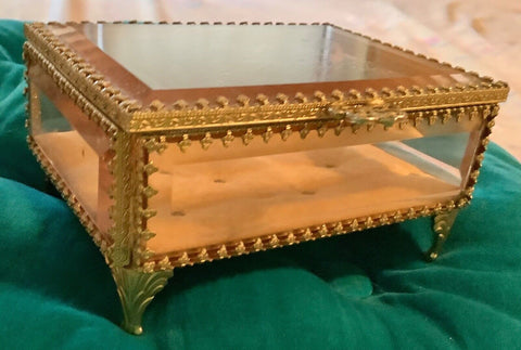 Vtg Ormolu Vanity Jewelry Casket Box Chest Footed Beveled Glass Regency
