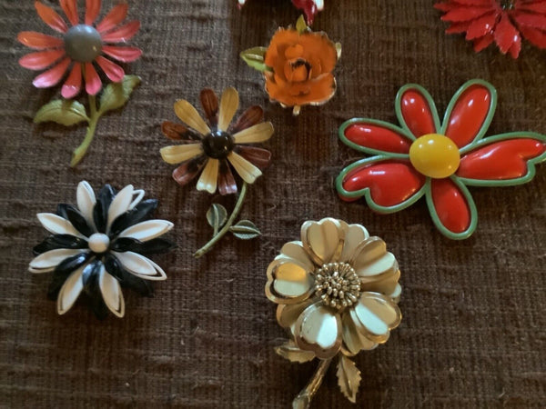 Vintage Colorful Summer Enamel Flower Power 1960’s Brooches Pins Mixed Lot of 10