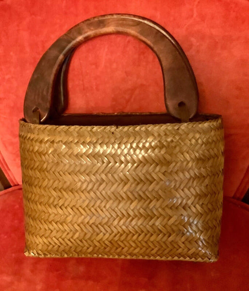 Vtg beads Woven Purse Handbag Basket Wooden Wicker Rattan Zipper Handle Clutch