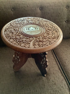 Vintage Indian Walnut Hand Carved Round Folding Plant Stand end Table