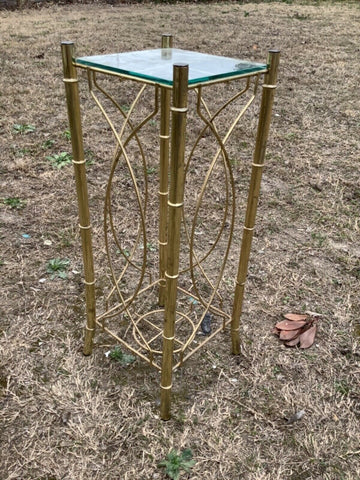 Vtg Brass Glass Plant Stand Metal Gold brass Boho MCM faux bamboo Regency