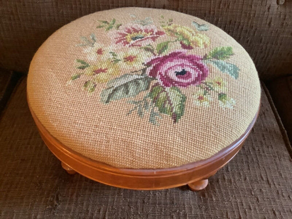 Antique foot Stool Needlepoint Seat Roses floral Blue Multi-Color footstool wood