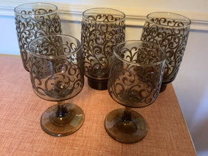 5 Vtg Libbey Wine bar Glasses Prado Brown Raised Swirl Tawny Smoked Glass Libby