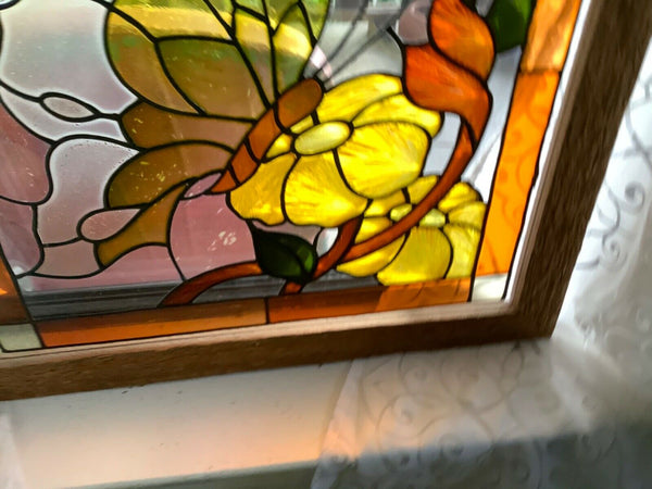 Vtg mid century stained glass leaded window panel Butterfly Garden Flower