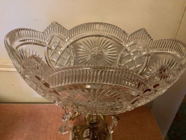 Antique Cut Glass Crystal Compote Fruit Bowl w/ Prisms Brass Pedestal and Marble