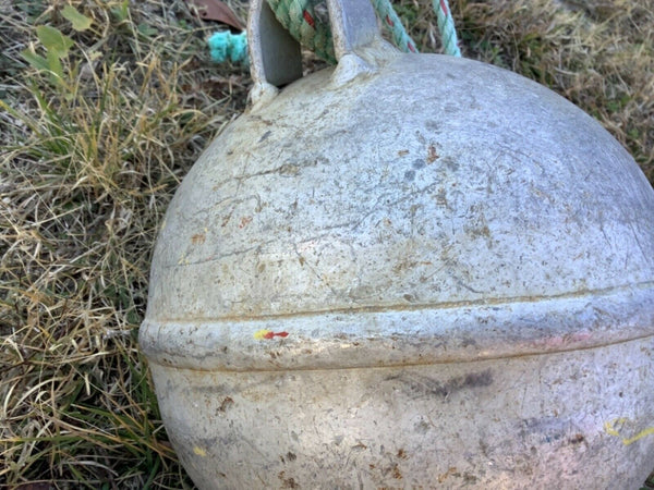 Vtg pair Antique Deep Sea metal zinc float buoy BELL with rope