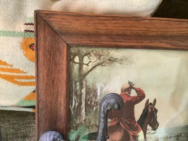 Vtg antique victorian tiger Oak Hall Mirror Coat hat Rack brass Hooks wood horse