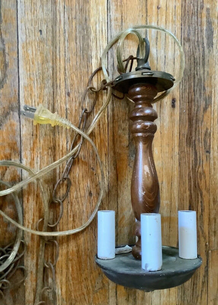 Mid Century Vtg wood Chandelier 4 Light hanging  Swag lamp colonial