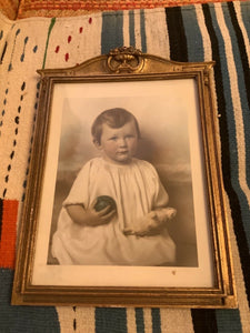 Antique Vtg photograph picture gold floral wood frame framed photo child baby